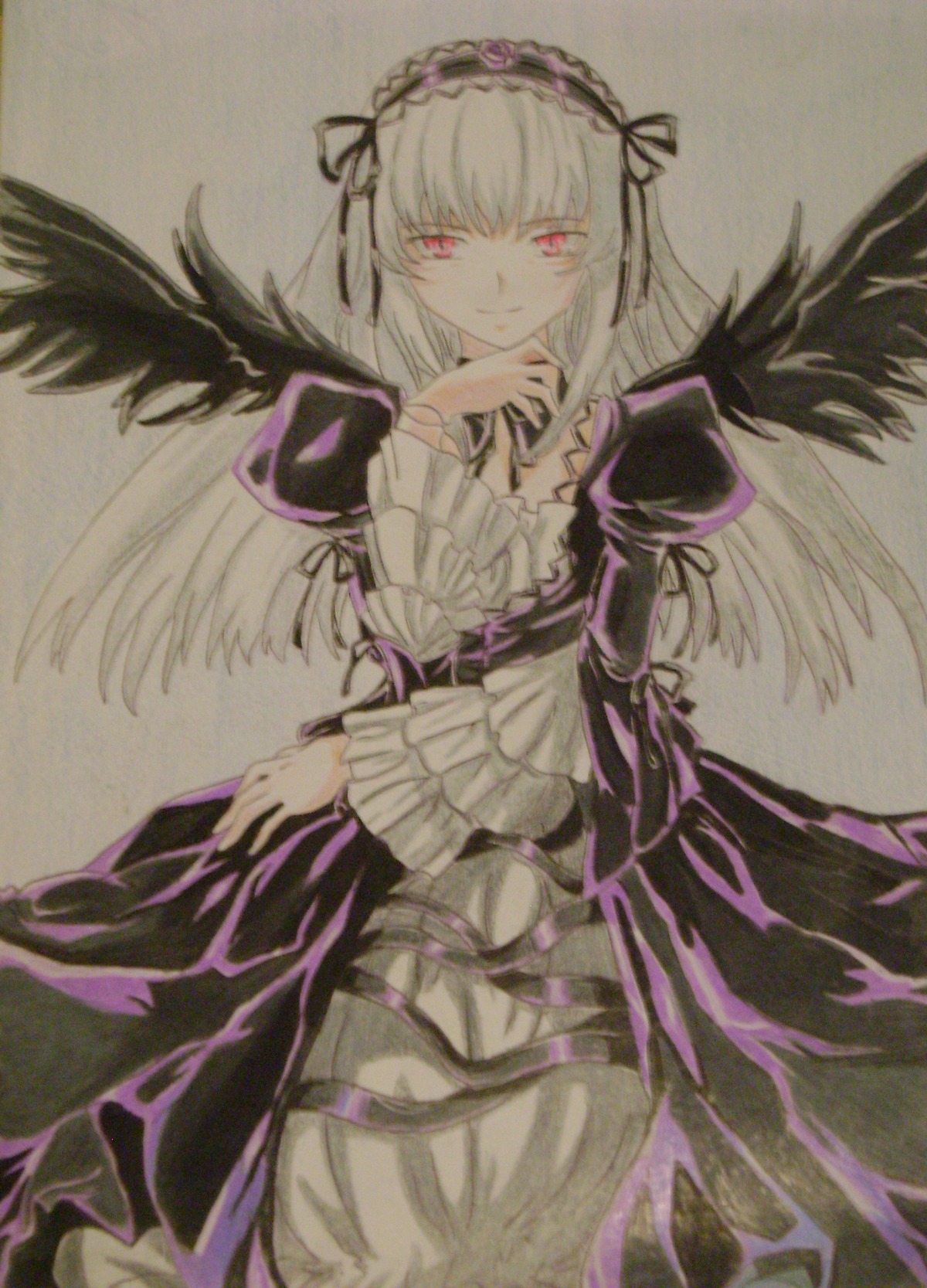 1girl black_ribbon black_wings dress feathers flower frills hairband image long_hair long_sleeves looking_at_viewer pink_eyes puffy_sleeves red_eyes ribbon rose simple_background solo suigintou traditional_media wings