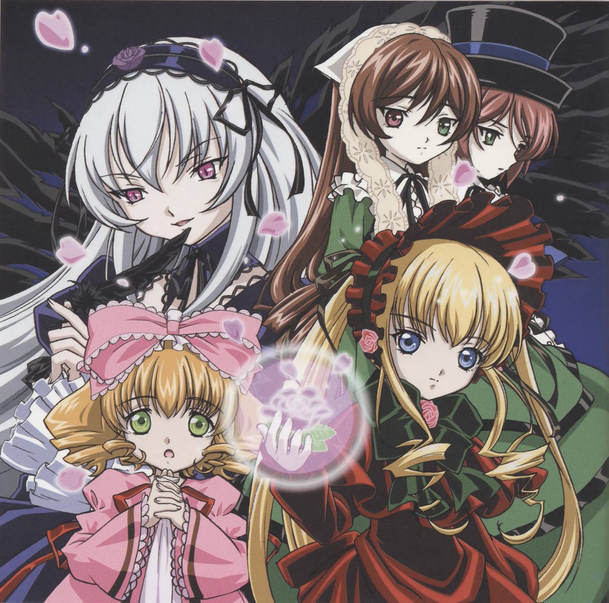 blonde_hair blue_eyes bonnet bow brown_hair dress drill_hair frills green_eyes hairband hat heterochromia hina_ichigo image long_hair long_sleeves looking_at_viewer multiple multiple_girls petals pink_bow red_eyes shinku short_hair siblings silver_hair sisters souseiseki suigintou suiseiseki tagme twin_drills twintails