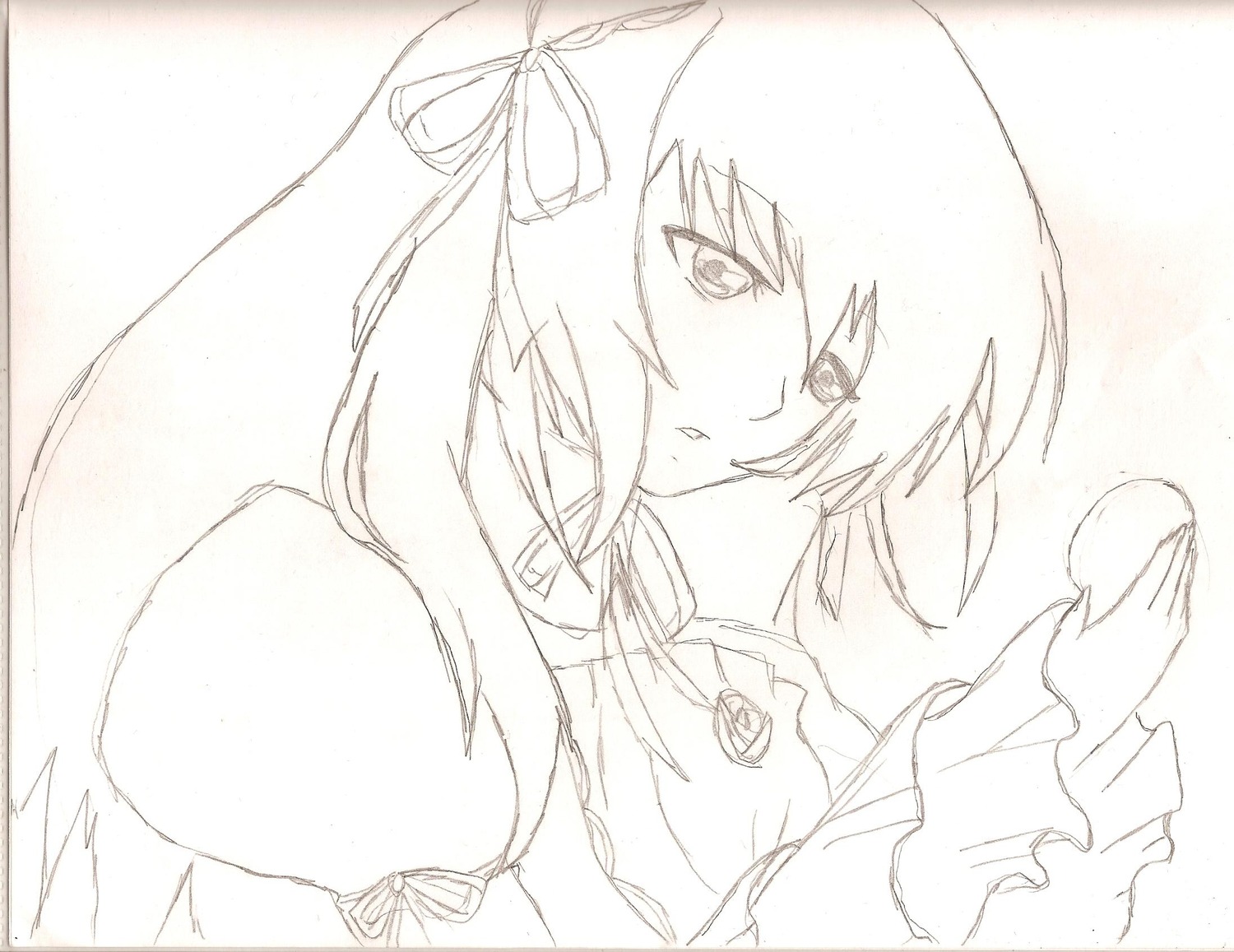 1girl hair_ribbon image long_sleeves looking_at_viewer monochrome ribbon sketch solo suigintou upper_body