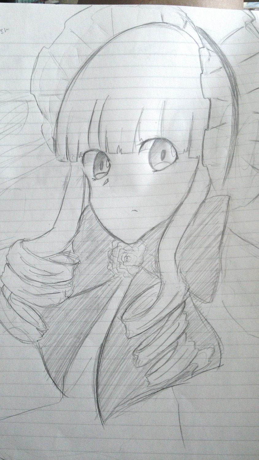 1girl bangs blush bonnet curly_hair drill_hair greyscale image long_hair looking_at_viewer monochrome photo ringlets shinku sketch solo traditional_media twin_drills upper_body