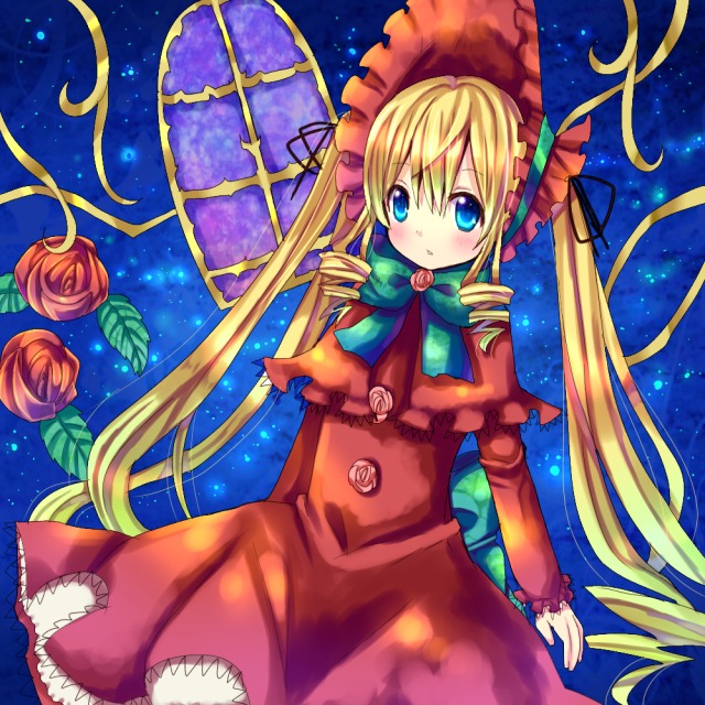 1girl blonde_hair blue_eyes blush bonnet bow chocolat_(momoiro_piano) commentary_request dress drill_hair flower image long_hair long_sleeves moon night night_sky red_dress red_flower red_rose ribbon rose rozen_maiden shinku sky solo star_(sky) starry_sky twin_drills twintails very_long_hair