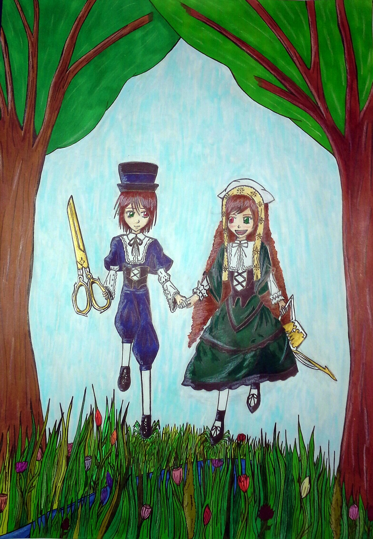 2girls auto_tagged blue_dress brown_hair dress grass green_eyes hat heterochromia image long_sleeves multiple_girls open_mouth outdoors pair pantyhose scissors short_hair siblings sisters smile souseiseki suiseiseki sword tree twins weapon