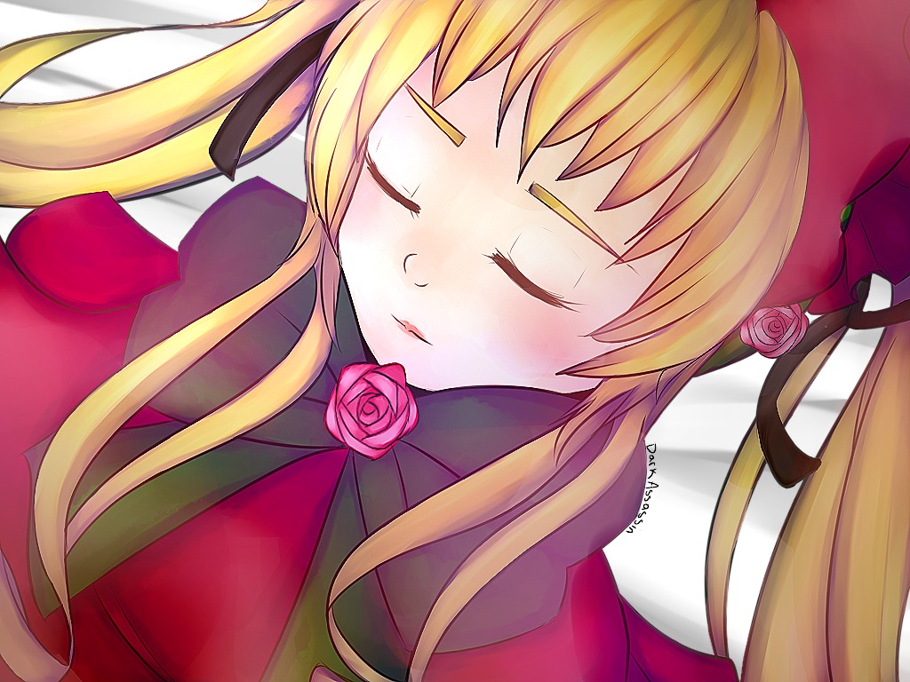 1girl blonde_hair blush closed_eyes flower hair_ribbon image long_hair lying on_back pink_rose ribbon rose shinku solo twintails