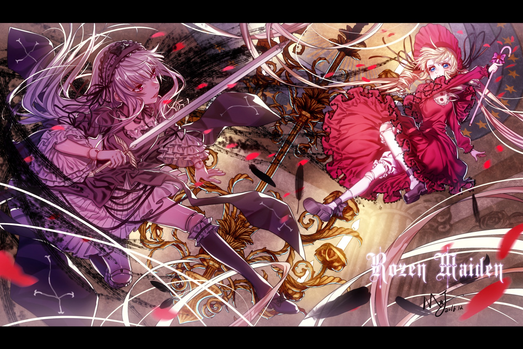 2016 2girls action ankle_ribbon arm_ribbon bad_id bad_pixiv_id bangs battle black_bow black_dress black_legwear black_ribbon blonde_hair bloomers blue_eyes bonnet boots bow breasts candle cane capelet chandelier closed_mouth copyright_name cross cross_print doll doll_joints dress drill_hair duel dutch_angle eyelashes feathers floating_hair flower frilled_dress frilled_sleeves frills garters hairband highres holding holding_sword holding_weapon image inverted_cross joints kneehighs letterboxed lolita_fashion long_hair long_sleeves looking_at_another majiang motion_blur multiple_girls outstretched_arm pair petals pillar pink_bow red_dress red_eyes ribbon rose rozen_maiden shinku shoe_soles signature silver_hair socks star_(symbol) suigintou sword underwear very_long_hair weapon white_legwear wide_sleeves wings