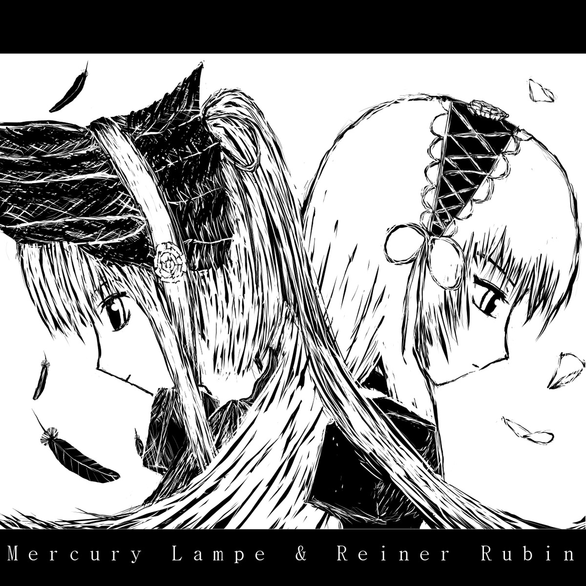 2girls black_feathers bonnet border bug butterfly circle_cut closed_mouth feathers flower greyscale hairband hat image insect letterboxed long_hair monochrome pair profile rose shinku suigintou