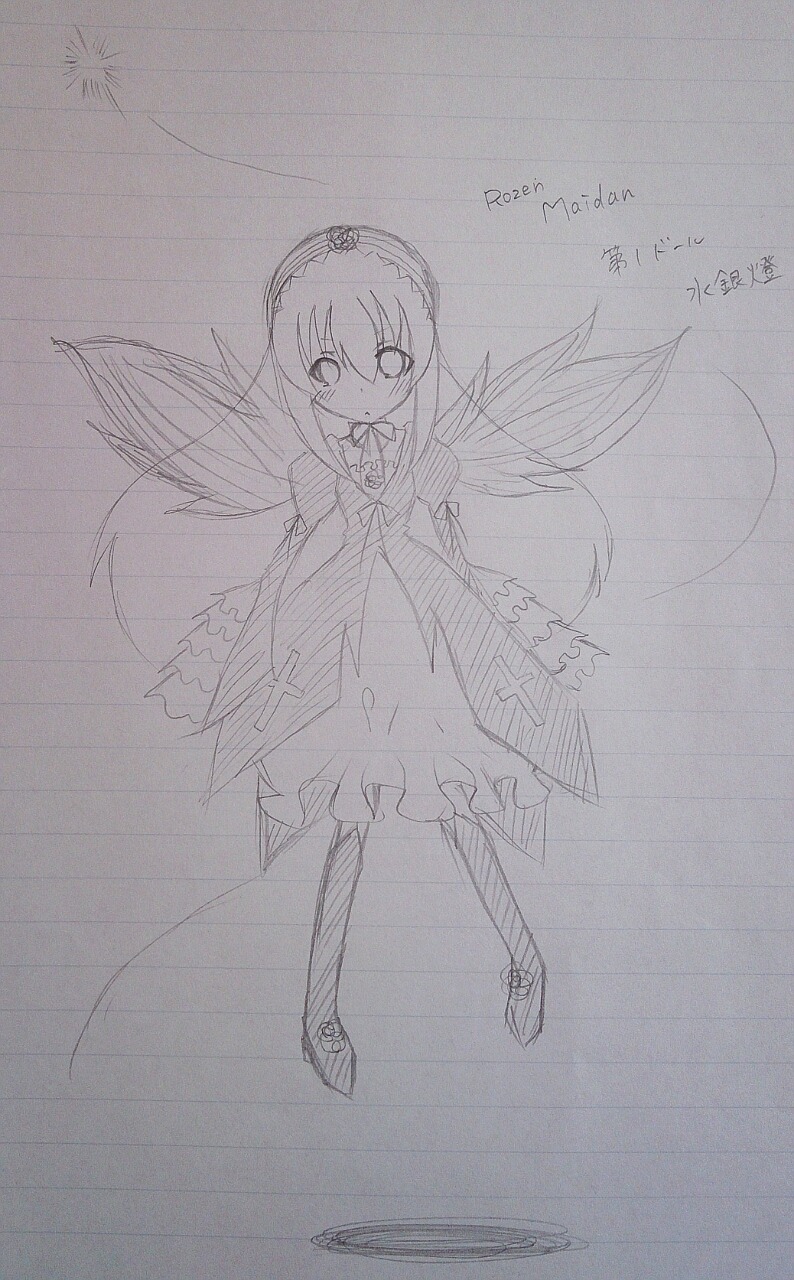 1girl akemi_homura dress eyebrows_visible_through_hair feathered_wings full_body greyscale image long_hair long_sleeves looking_at_viewer monochrome solo standing suigintou traditional_media wings