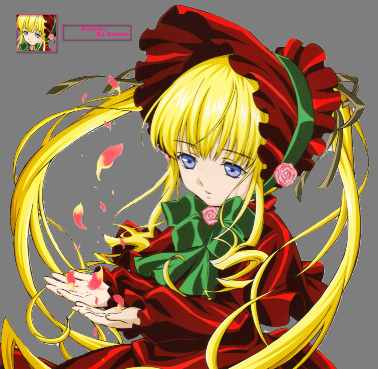 1girl blonde_hair blue_eyes bonnet bow bowtie dress flower green_bow green_neckwear image long_hair long_sleeves looking_at_viewer petals pink_flower pink_rose red_dress rose shinku solo twintails upper_body very_long_hair yellow_background