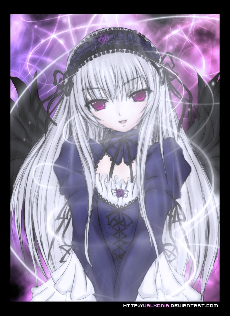 1girl auto_tagged black_border black_ribbon black_wings cross-laced_clothes detached_collar dress flower frills hairband image juliet_sleeves letterboxed long_hair long_sleeves looking_at_viewer pillarboxed pink_eyes puffy_sleeves silver_hair solo suigintou very_long_hair wings