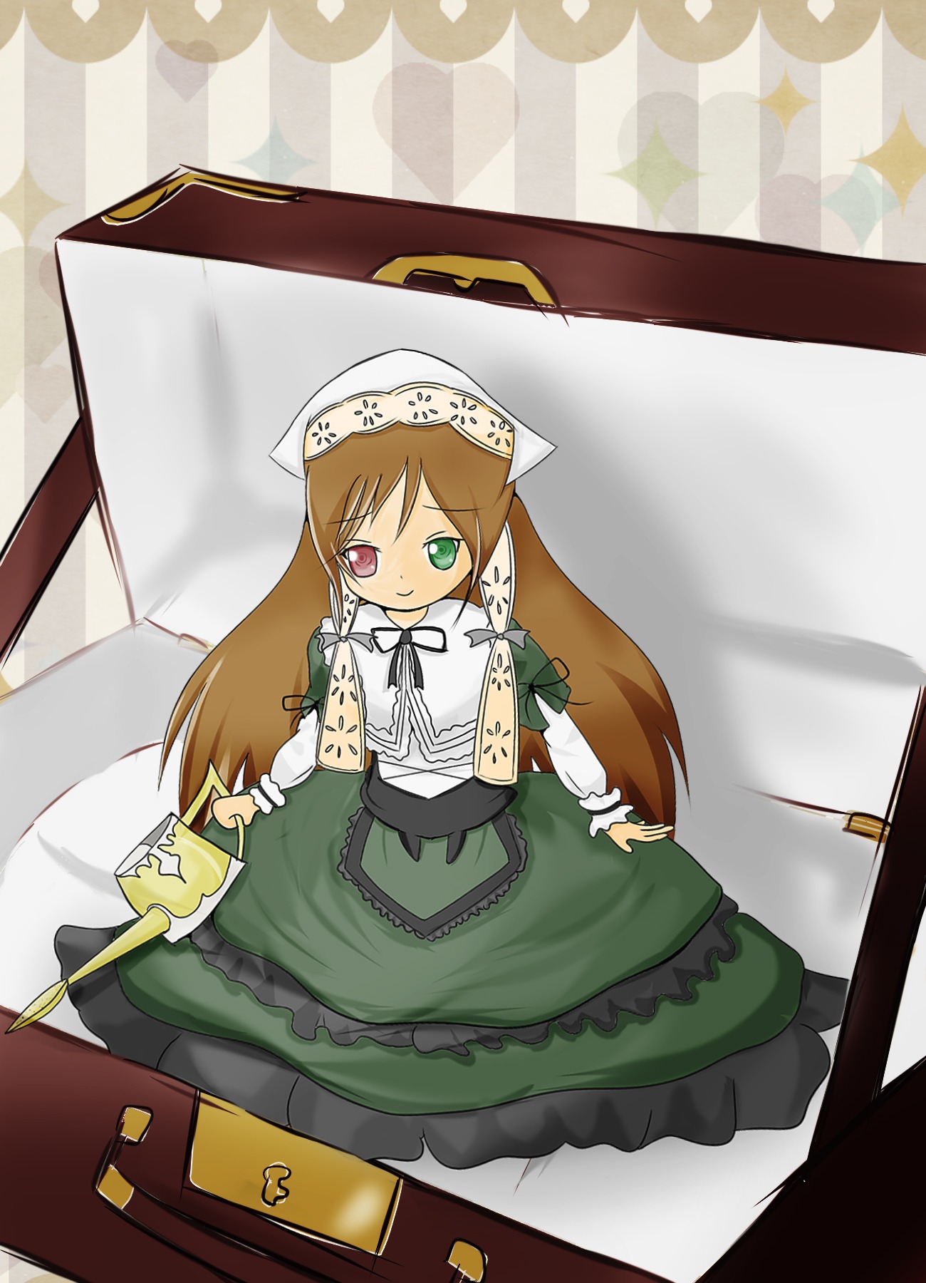 1girl brown_hair dress frills green_dress green_eyes head_scarf heterochromia image long_hair long_sleeves red_eyes ribbon sitting solo suiseiseki very_long_hair