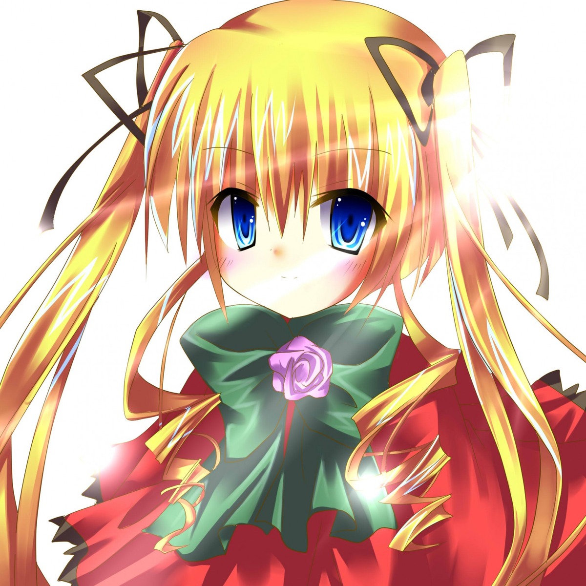 1girl blonde_hair blue_eyes blush bow drill_hair flower hair_ribbon image long_hair long_sleeves looking_at_viewer pink_rose ribbon rose shinku simple_background smile solo twin_drills twintails white_background