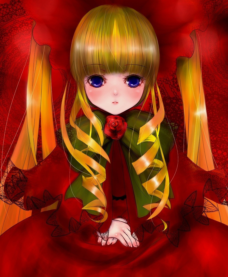 1girl bangs blonde_hair blue_eyes blush bonnet bow dress drill_hair flower green_bow image long_hair long_sleeves looking_at_viewer red_dress rose shinku solo