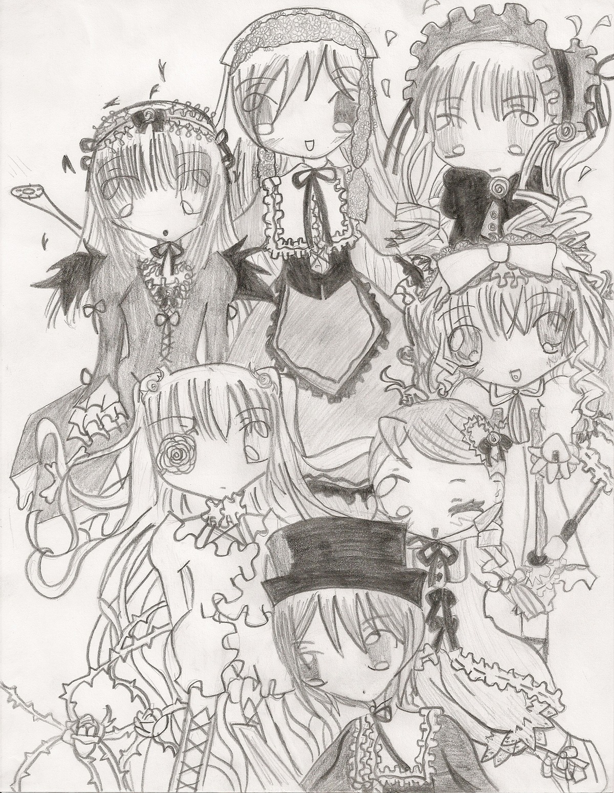 6+girls blush bonnet bow dress frills greyscale hairband heart hina_ichigo image kanaria long_sleeves looking_at_viewer monochrome multiple multiple_girls rose shinku siblings sisters souseiseki suigintou suiseiseki tagme traditional_media twins twintails very_long_hair wings