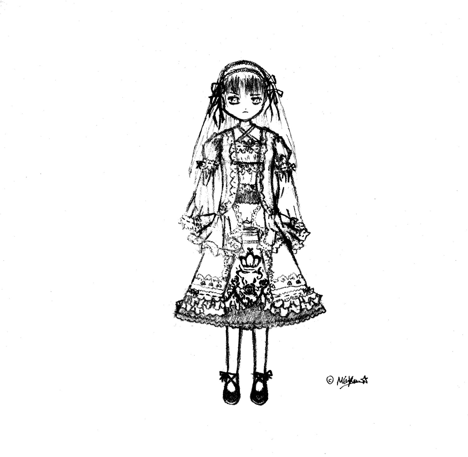 1girl bangs bow closed_mouth dress frilled_hairband frills full_body gothic_lolita greyscale hairband image lolita_fashion lolita_hairband long_sleeves looking_at_viewer monochrome shoes solo standing suigintou white_background