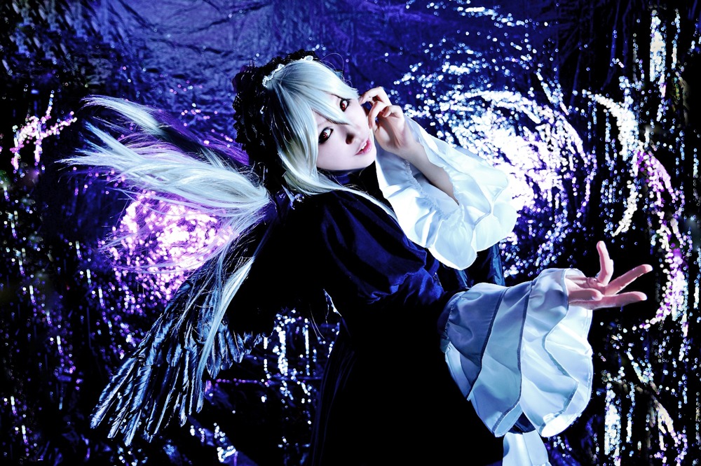 1girl dress lips long_sleeves looking_at_viewer solo suigintou water white_hair wings