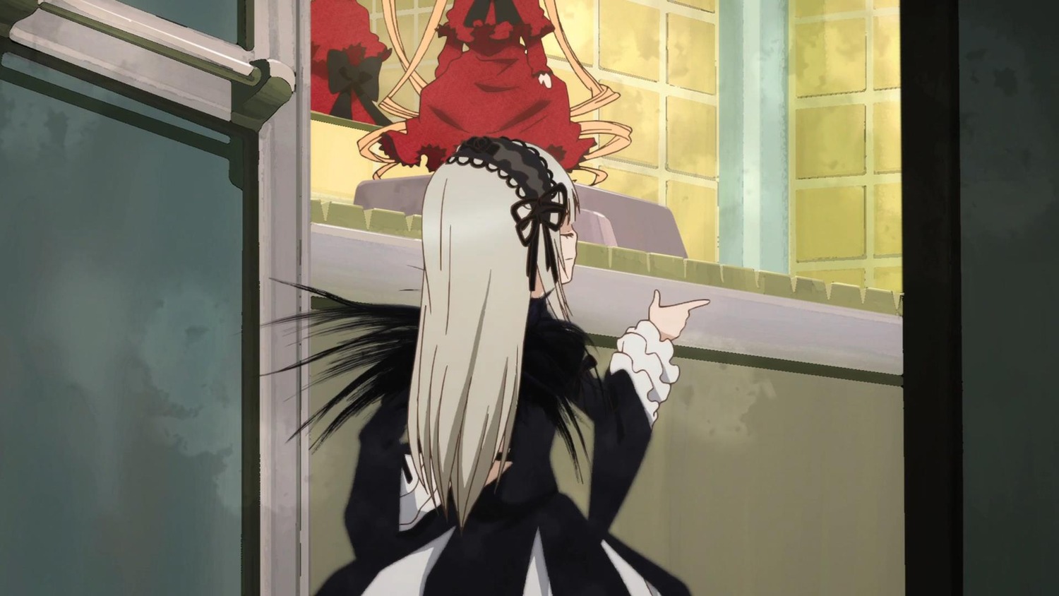 1girl auto_tagged blonde_hair dress hairband image indoors long_hair long_sleeves multiple_girls pair shinku silver_hair solo suigintou