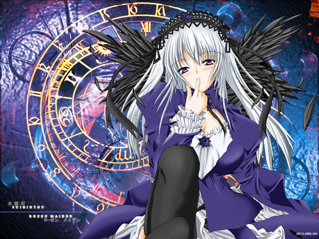 1girl black_wings blush breasts cleavage dress feathers finger_to_mouth flower frills hairband image long_hair long_sleeves looking_at_viewer magic_circle purple_eyes silver_hair solo suigintou very_long_hair wings