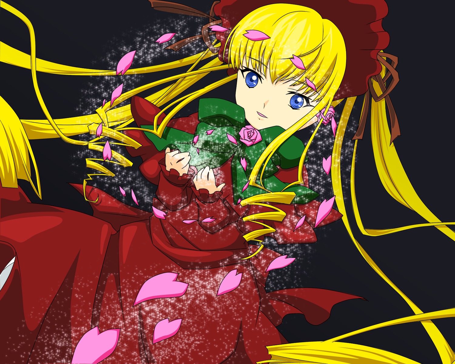 1girl blonde_hair blue_eyes dress drill_hair flower hair_ribbon image long_hair long_sleeves looking_at_viewer petals red_dress ribbon rose rose_petals shinku solo twintails very_long_hair