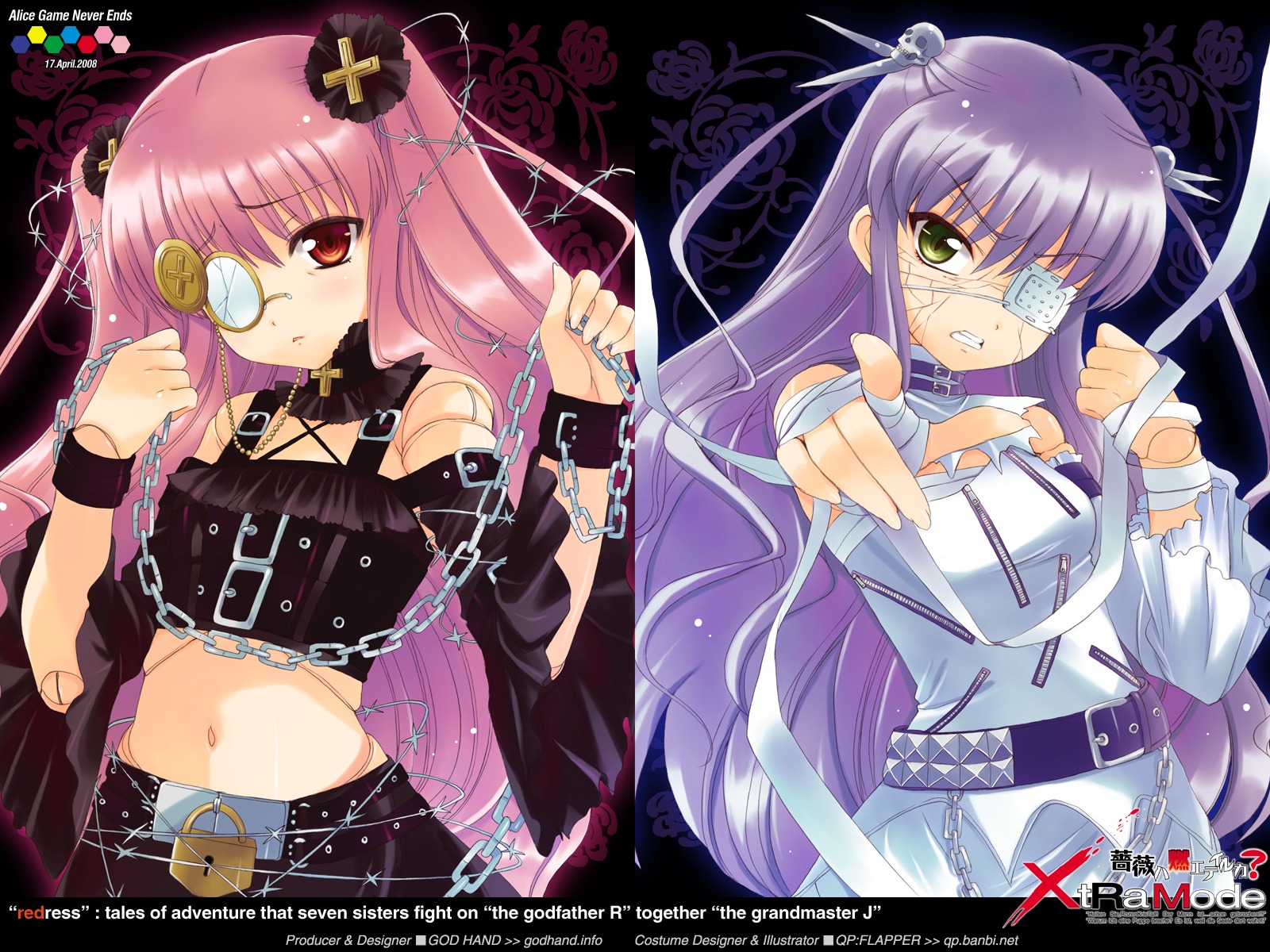 2girls bandages barasuishou barbed_wire belt chain collar cuffs doll_joints dress eyepatch god_hand_(artist) handcuffs highres image joints kirakishou lock long_hair medical_eyepatch midriff monocle monocle_chain multiple_girls pair photoshop_(medium) pink_hair purple_hair red_eyes rozen_maiden twintails