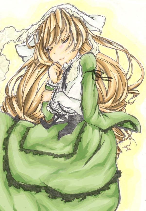 1girl blonde_hair blush closed_eyes dress frills green_dress head_scarf image long_hair long_sleeves ribbon smile solo suiseiseki very_long_hair