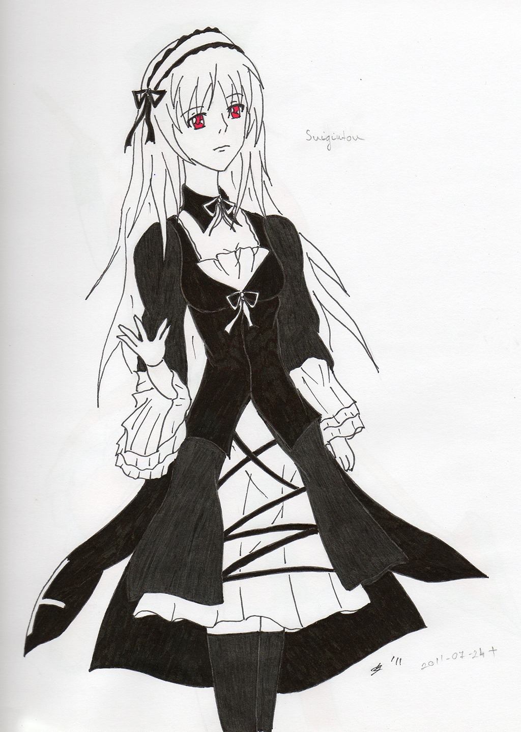 1girl artist_name bangs dress eyebrows_visible_through_hair frills hairband image long_hair long_sleeves looking_at_viewer monochrome pantyhose red_eyes signature simple_background solo standing suigintou white_background