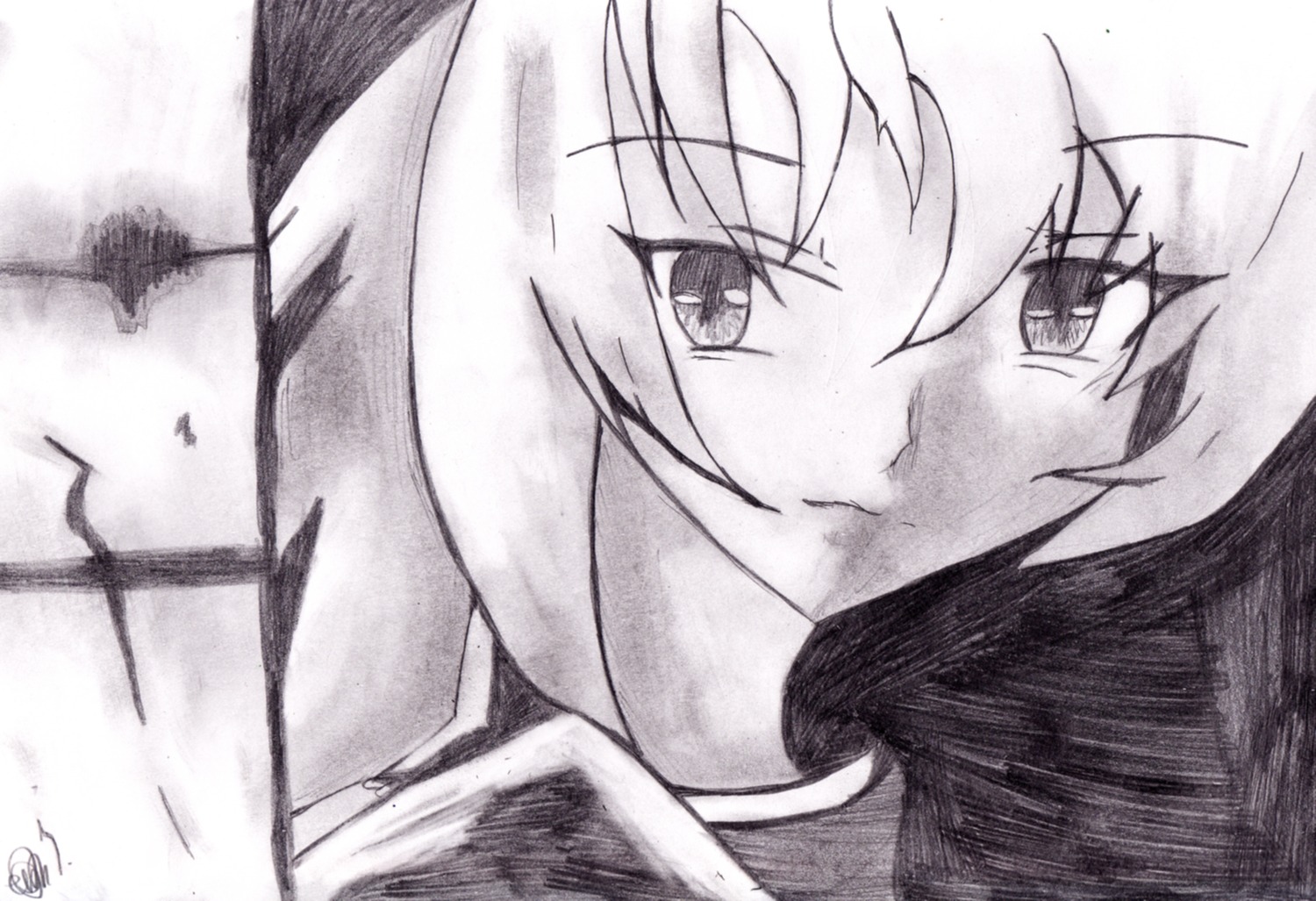 1girl close-up face greyscale image looking_at_viewer monochrome solo suigintou traditional_media white_background