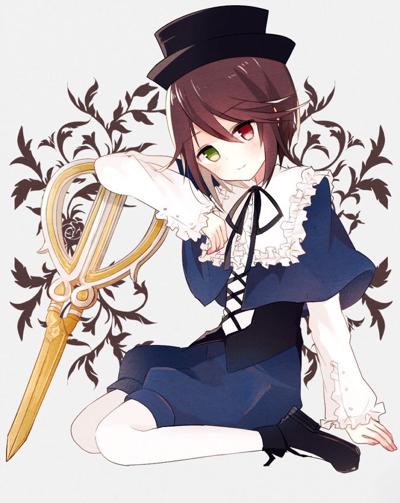 1girl boyano brown_hair capelet commentary_request green_eyes hat heterochromia image long_sleeves pantyhose red_eyes ribbon rozen_maiden scissors shoes short_hair shorts sitting smile solo souseiseki striped striped_background striped_legwear top_hat vertical_stripes white_legwear