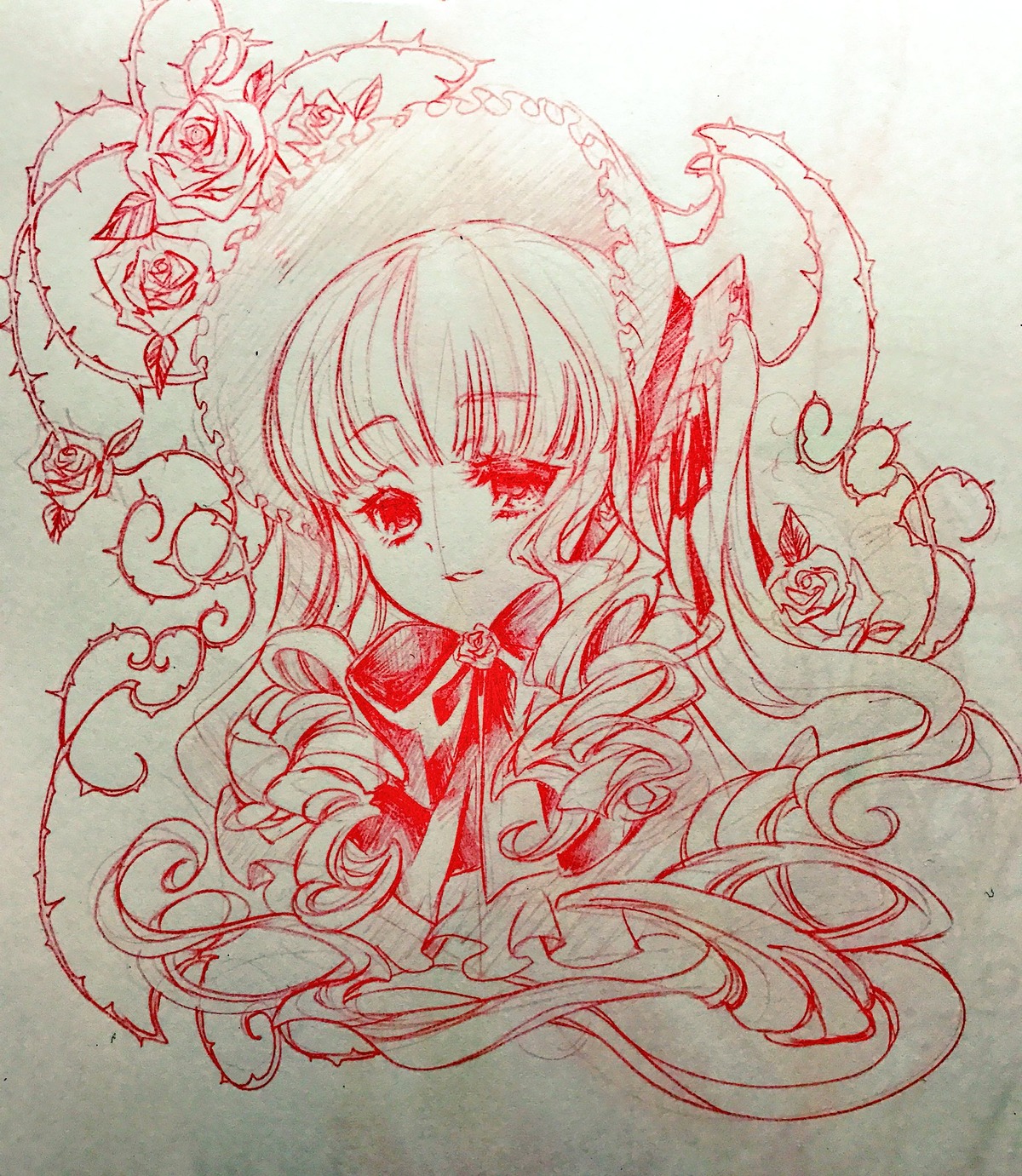 1girl bangs blush bow dress drill_hair eyebrows_visible_through_hair flower frills image long_hair looking_at_viewer monochrome red_theme rose shinku solo traditional_media