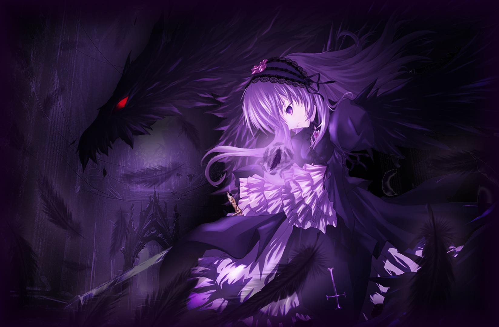 1girl black_wings dress frills hairband image long_hair long_sleeves solo suigintou wings