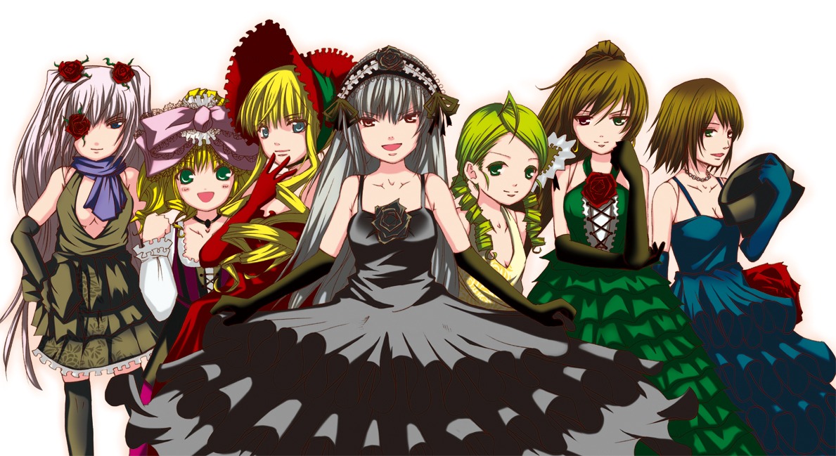 6+girls blonde_hair blue_eyes breasts brown_hair cleavage dress elbow_gloves flower gloves green_eyes green_hair hairband hina_ichigo image kanaria long_hair multiple multiple_girls short_hair siblings silver_hair sisters smile suigintou suiseiseki tagme twins