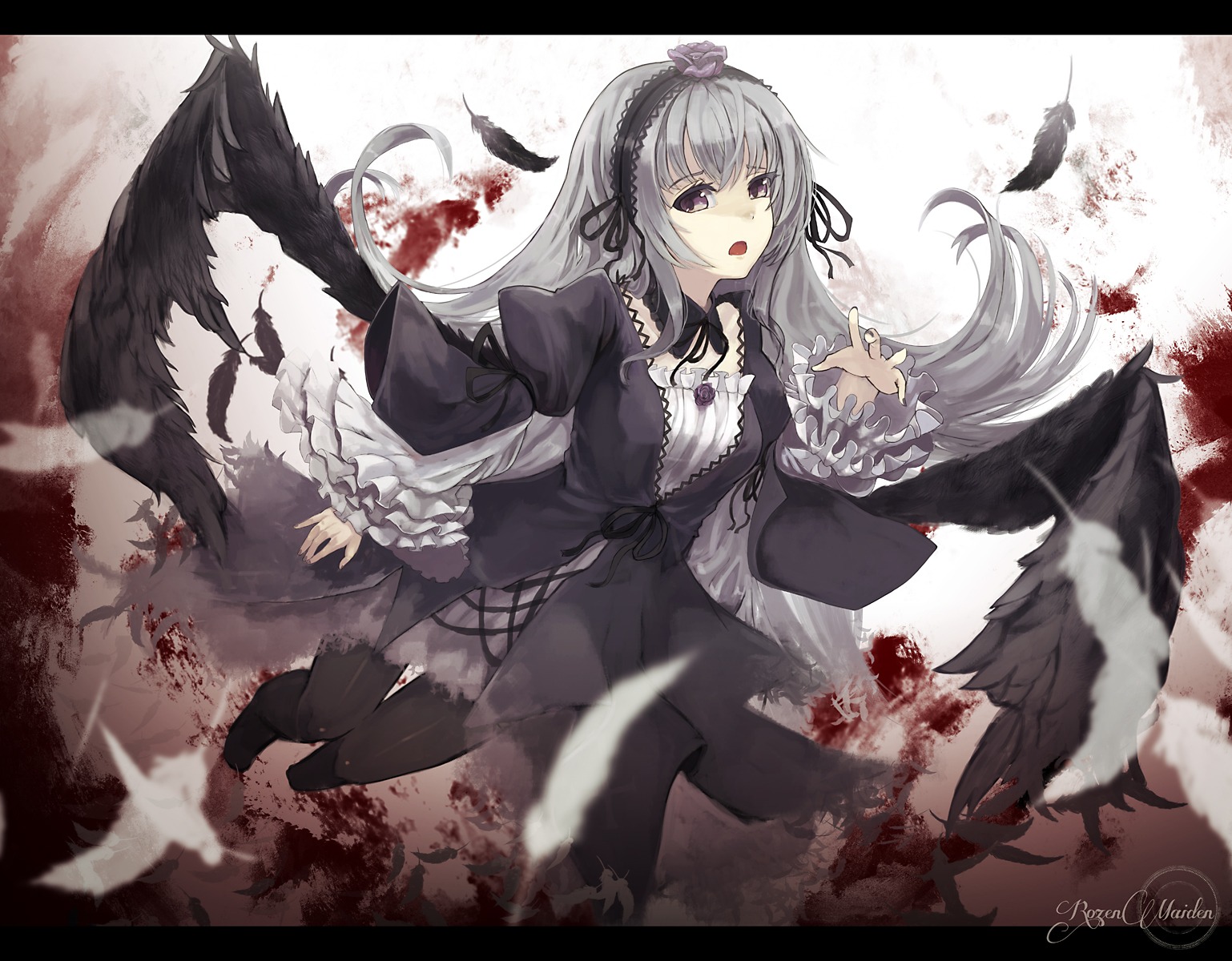 1girl bird black_dress black_feathers black_wings blood dress feathers flower frills hairband image letterboxed lolita_fashion long_hair long_sleeves open_mouth purple_eyes ribbon rose silver_hair solo suigintou wings