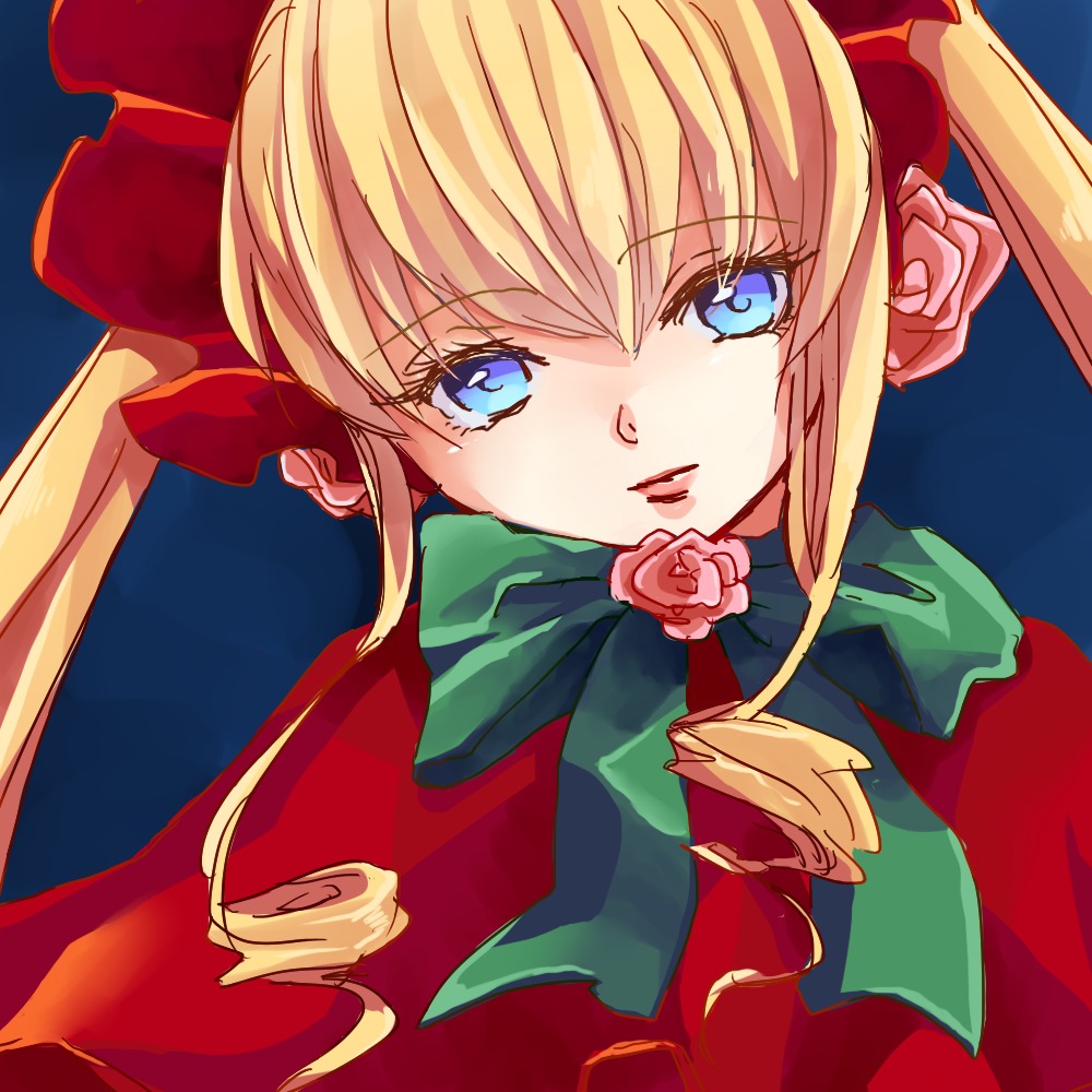 1girl blonde_hair blue_eyes bow flower hair_bow image long_hair looking_at_viewer pink_rose red_flower red_rose rose shinku sidelocks solo twintails upper_body