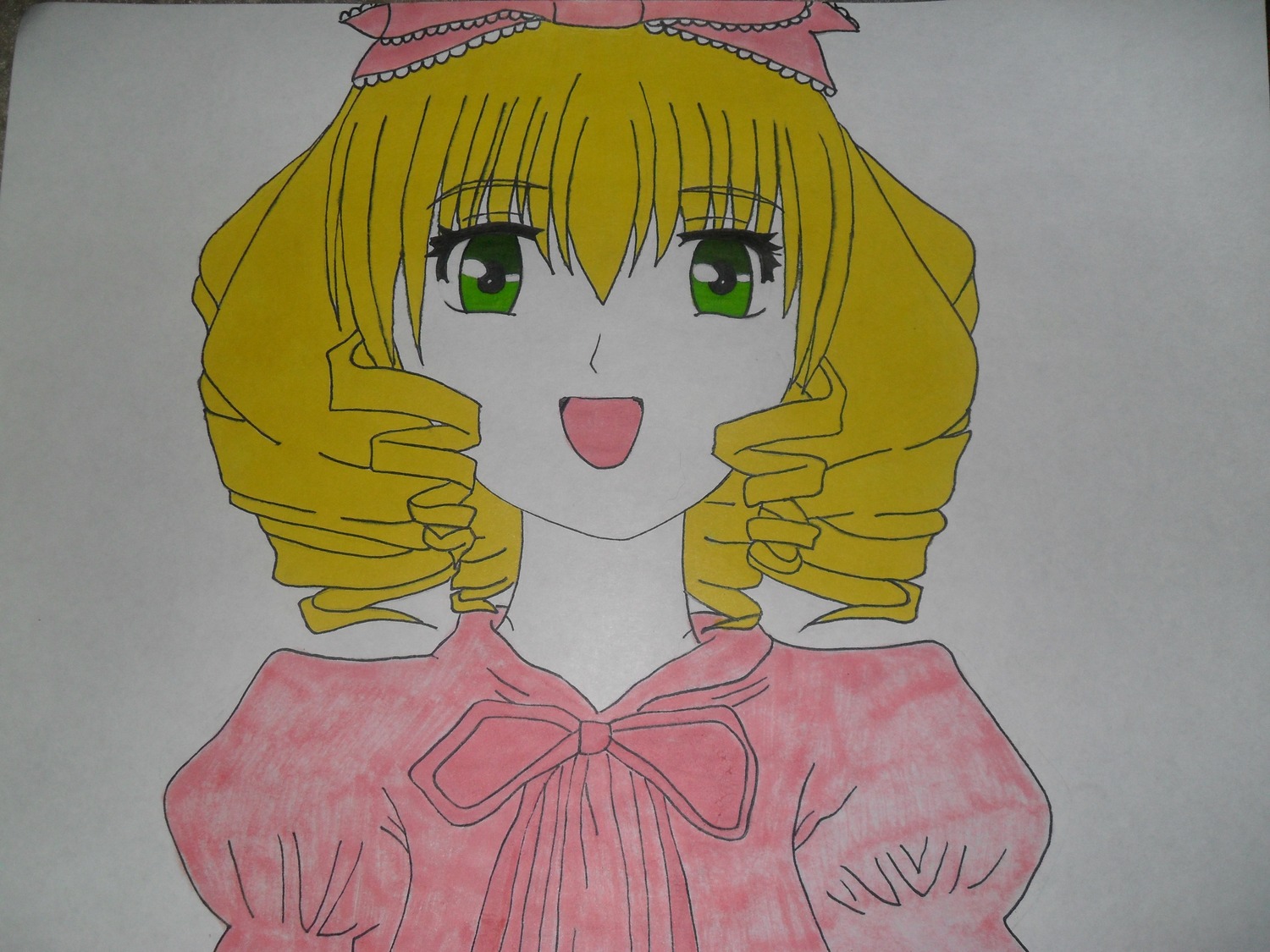 1girl blonde_hair bow dress drill_hair eyebrows_visible_through_hair green_eyes hina_ichigo hinaichigo image juliet_sleeves looking_at_viewer open_mouth pink_bow puffy_sleeves ribbon short_hair simple_background smile solo traditional_media upper_body