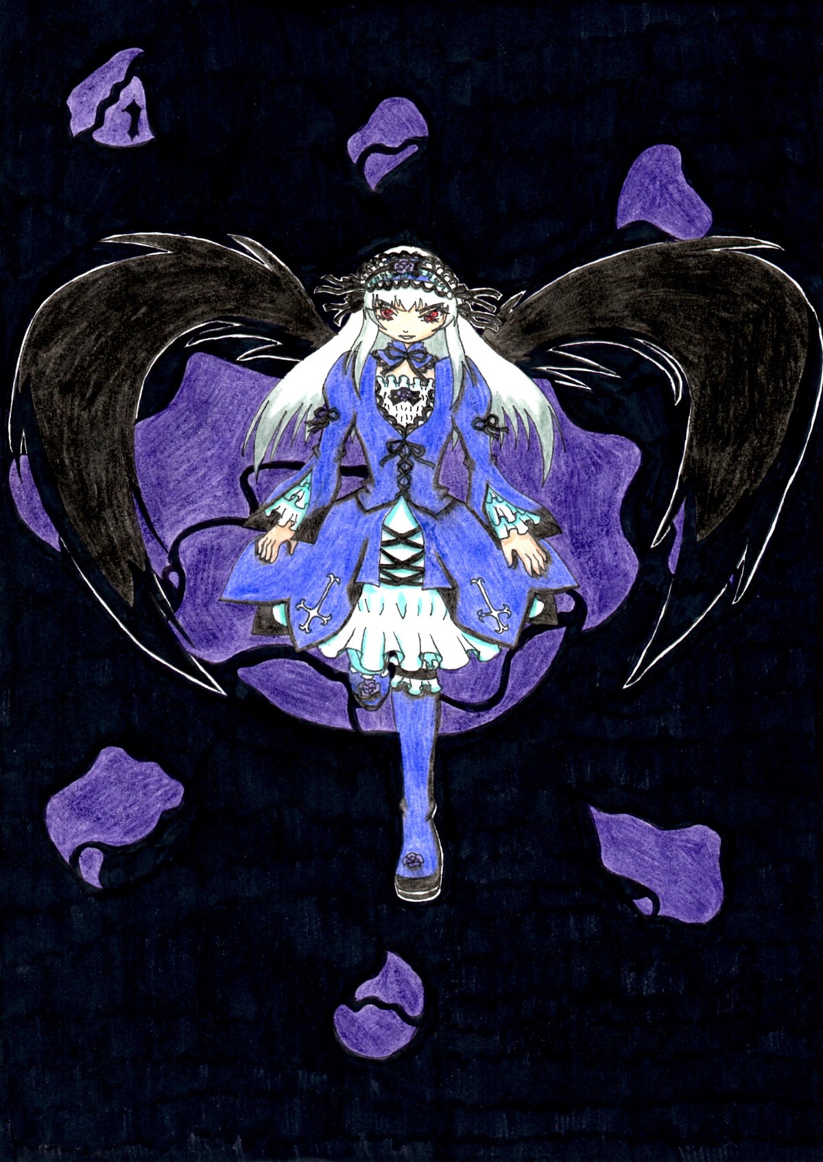 1girl albino black_background dress frills full_body ghost hat image long_hair red_eyes solo suigintou traditional_media very_long_hair white_hair