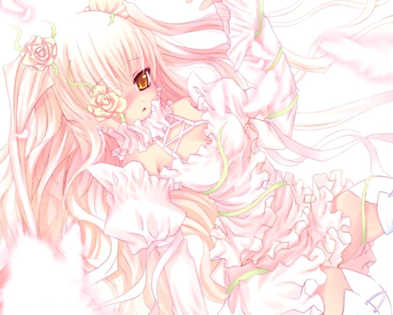 1girl boots dress flower frills image kirakishou long_hair pink_hair pink_rose rose solo thighhighs very_long_hair