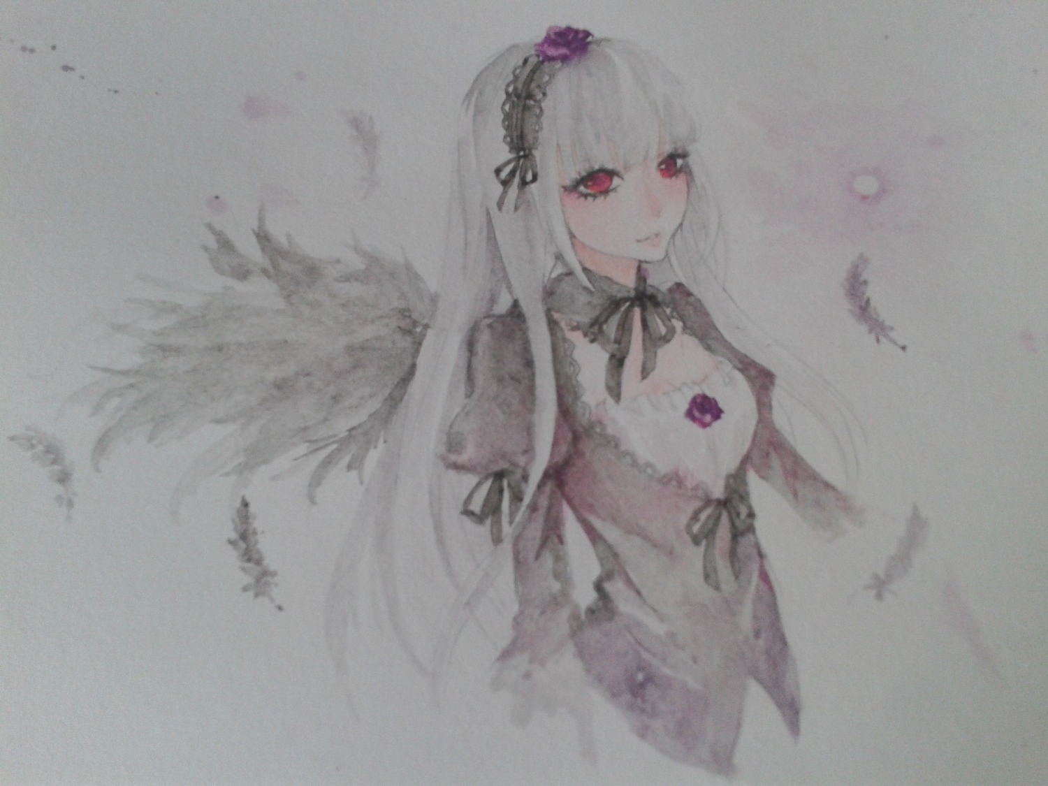 1girl bangs black_ribbon black_wings closed_mouth detached_collar dress feathered_wings feathers flower frills grey_background hairband image juliet_sleeves long_hair long_sleeves looking_at_viewer neck_ribbon puffy_sleeves red_eyes ribbon rose silver_hair solo suigintou very_long_hair wings