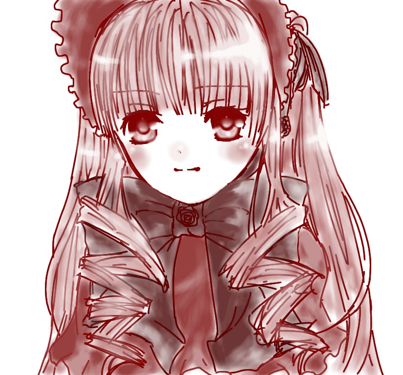 1girl blush dress drill_hair flower frills image long_hair long_sleeves looking_at_viewer monochrome rose shinku simple_background solo suigintou upper_body white_background