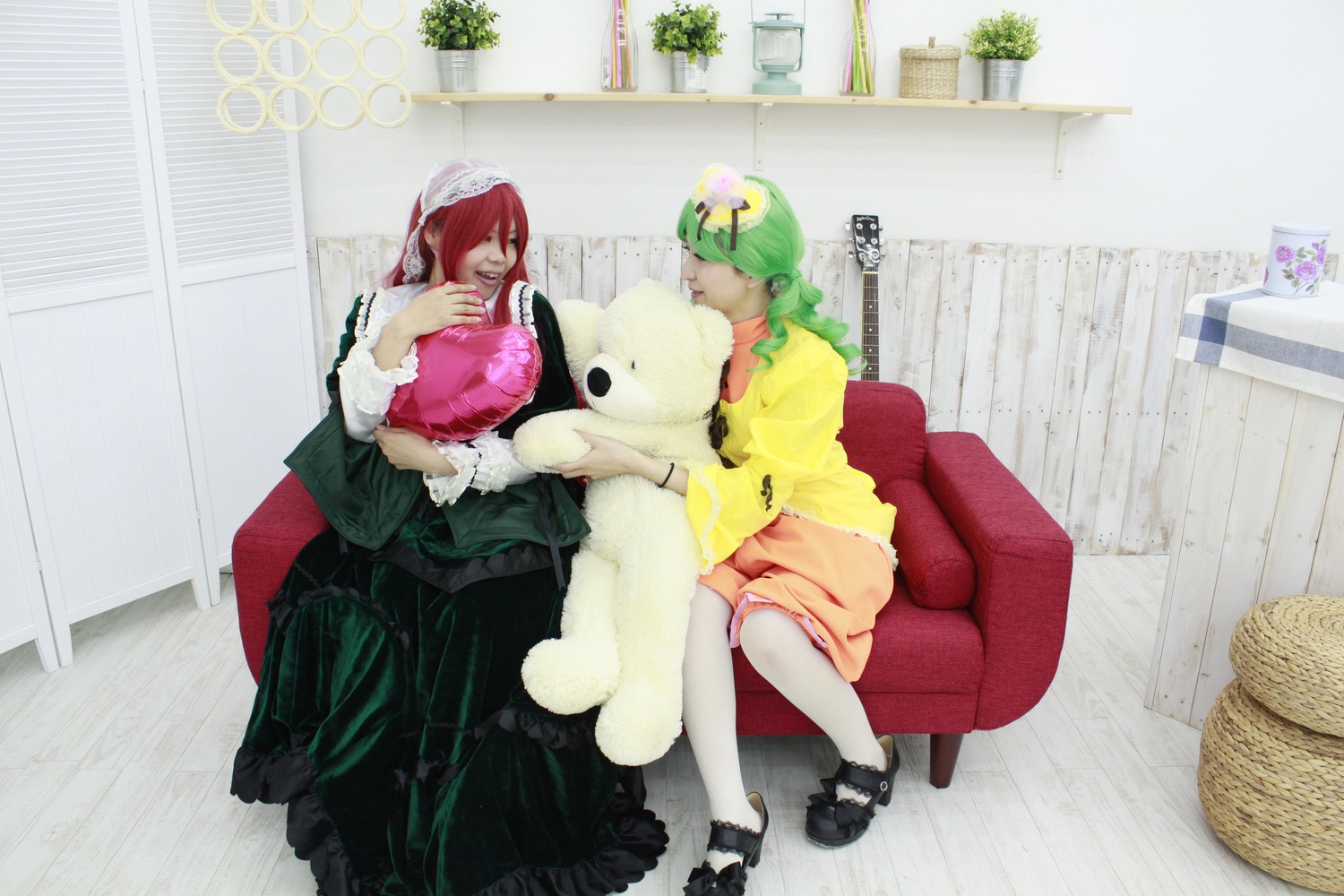 2girls couch drill_hair green_hair maid multiple_cosplay multiple_girls pillow plant potted_plant red_hair sitting stuffed_animal tagme thighhighs white_legwear
