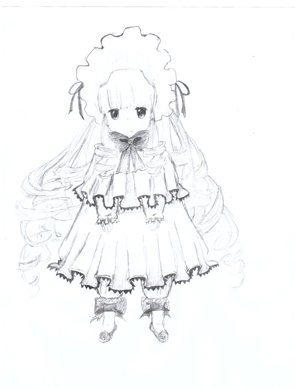 1girl bangs blunt_bangs dress full_body greyscale image lolita_fashion long_hair long_sleeves looking_at_viewer monochrome ribbon shinku solo standing very_long_hair