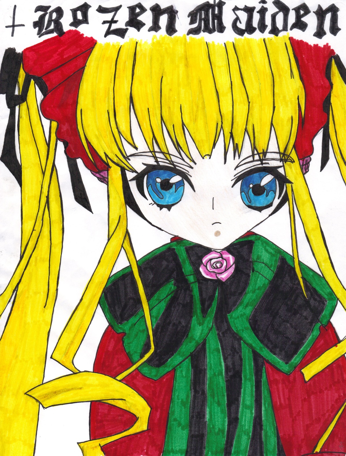 1990s_(style) 1girl bangs blonde_hair blue_eyes blush bow dress image long_hair looking_at_viewer marker_(medium) pink_rose rose shinku simple_background solo traditional_media twintails white_background