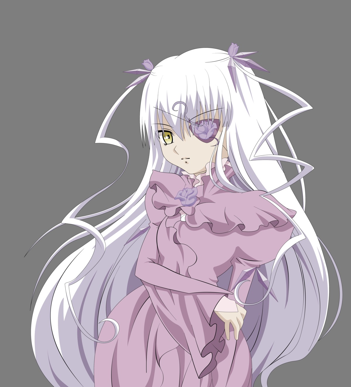 1girl barasuishou dress eyepatch frills hair_ribbon image long_hair long_sleeves looking_at_viewer ribbon solo striped striped_background two_side_up vertical_stripes very_long_hair white_background yellow_eyes