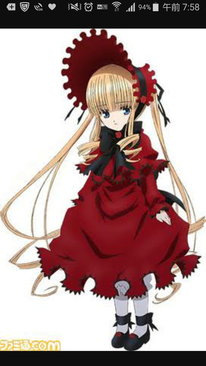 1girl blonde_hair blue_eyes bonnet bow bowtie dress full_body image long_hair long_sleeves looking_at_viewer red_dress shinku shoes simple_background solo standing twintails very_long_hair