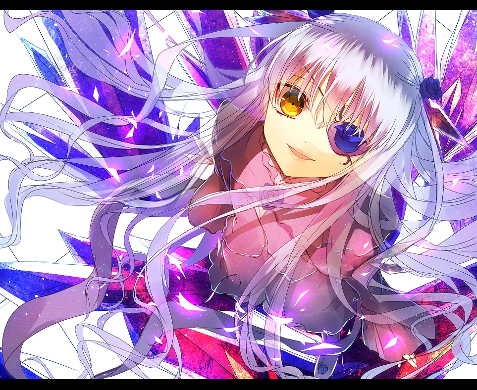 1girl barasuishou black_border dress eyepatch frills image letterboxed long_hair long_sleeves looking_at_viewer pillarboxed ribbon silver_hair smile solo two_side_up very_long_hair yellow_eyes