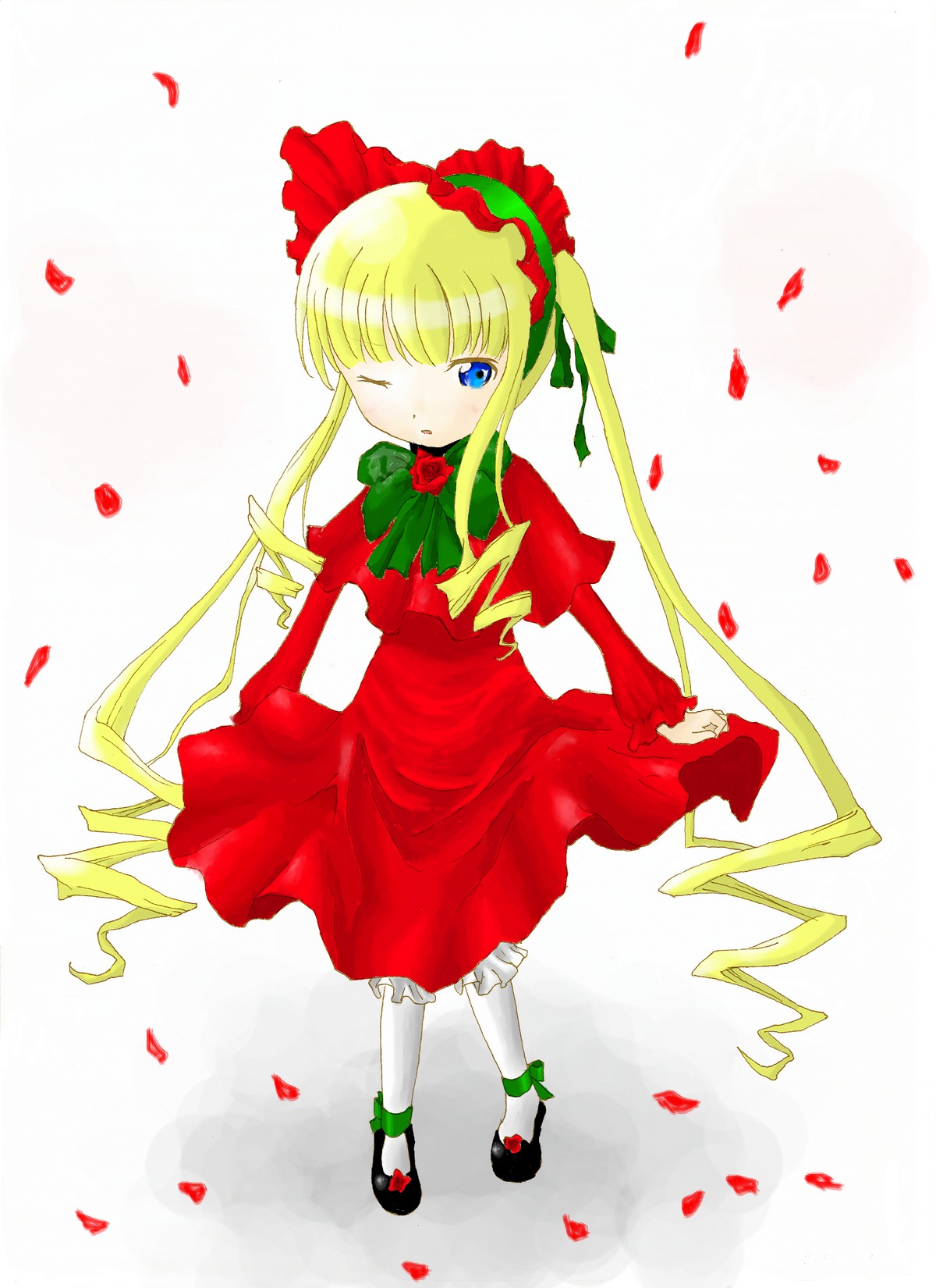 1girl blonde_hair blue_eyes blush bonnet bow bowtie dress drill_hair flower full_body green_bow image long_hair long_sleeves looking_at_viewer one_eye_closed pantyhose petals rose rose_petals shinku shoes solo striped twintails white_legwear