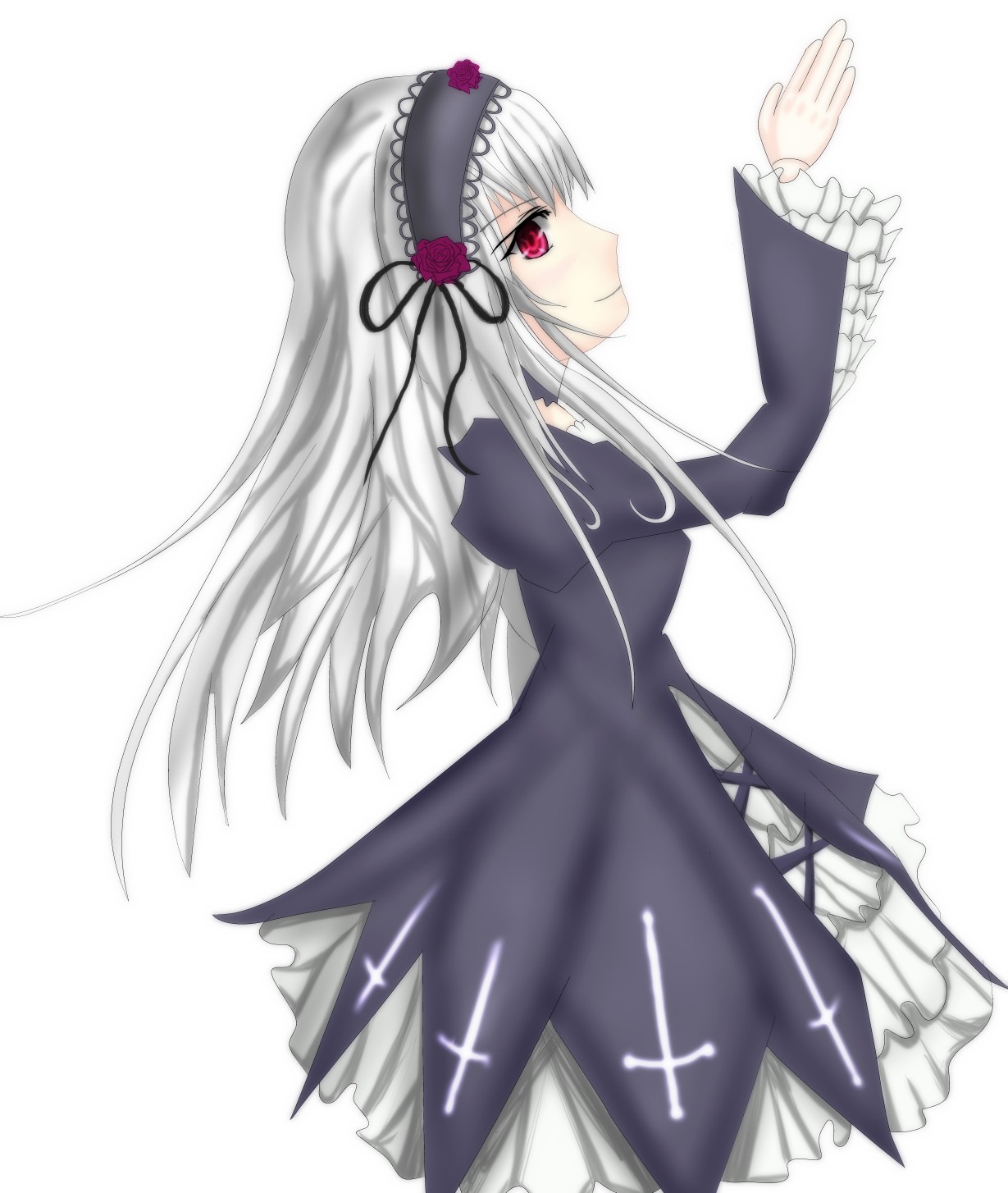 1girl bangs black_dress black_wings closed_mouth dress frilled_sleeves frills hairband image juliet_sleeves lolita_hairband long_hair long_sleeves looking_at_viewer puffy_sleeves red_eyes silver_hair simple_background smile solo suigintou very_long_hair white_background wings