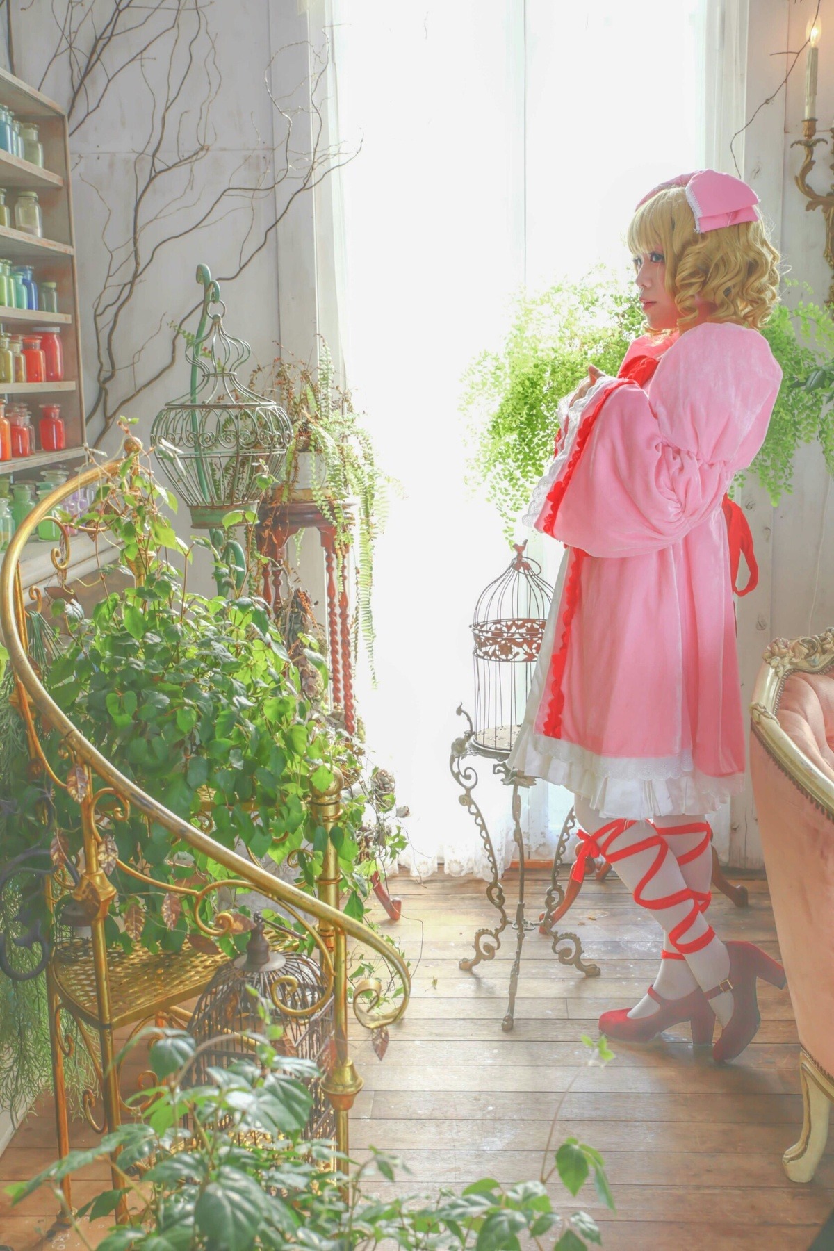 1girl blonde_hair dress flower hat hinaichigo pink_dress solo window
