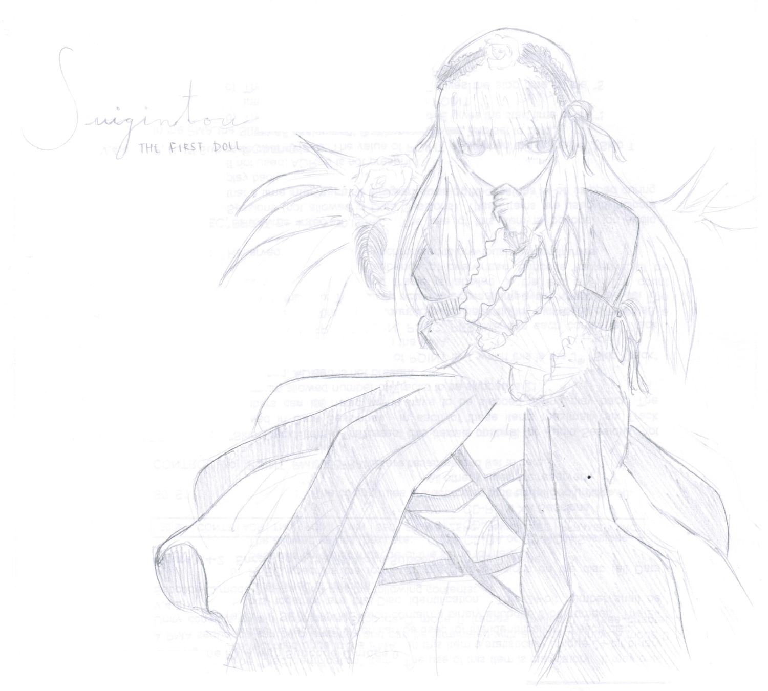 1girl dress flower image long_hair long_sleeves monochrome solo suigintou vertical_stripes very_long_hair white_background