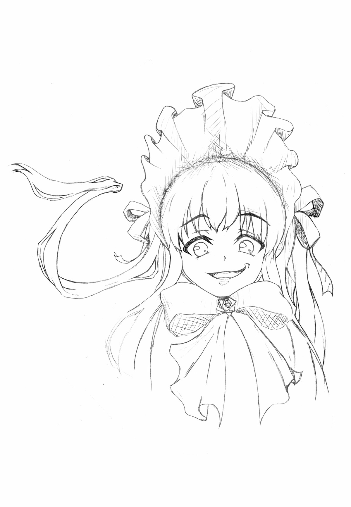 1girl eyebrows_visible_through_hair fangs greyscale grin hat image long_hair looking_at_viewer monochrome shinku smile solo striped