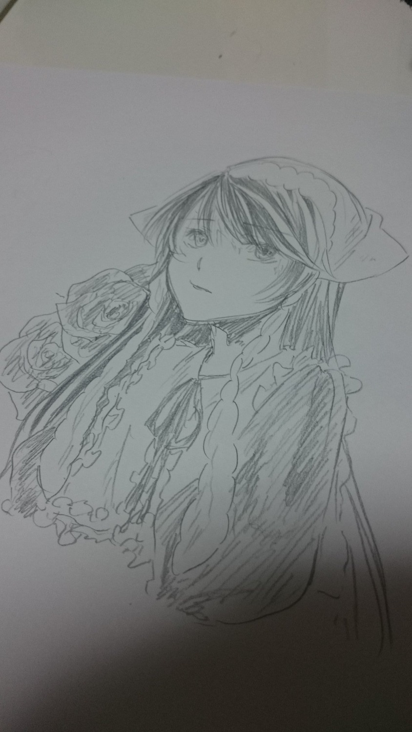 1girl bow flower frills image long_hair looking_at_viewer monochrome rose solo suiseiseki traditional_media upper_body