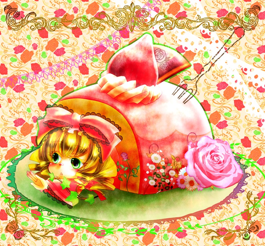 1girl blonde_hair bow dress drill_hair flower food green_eyes hat hina_ichigo hinaichigo image pink_bow pink_flower rose solo