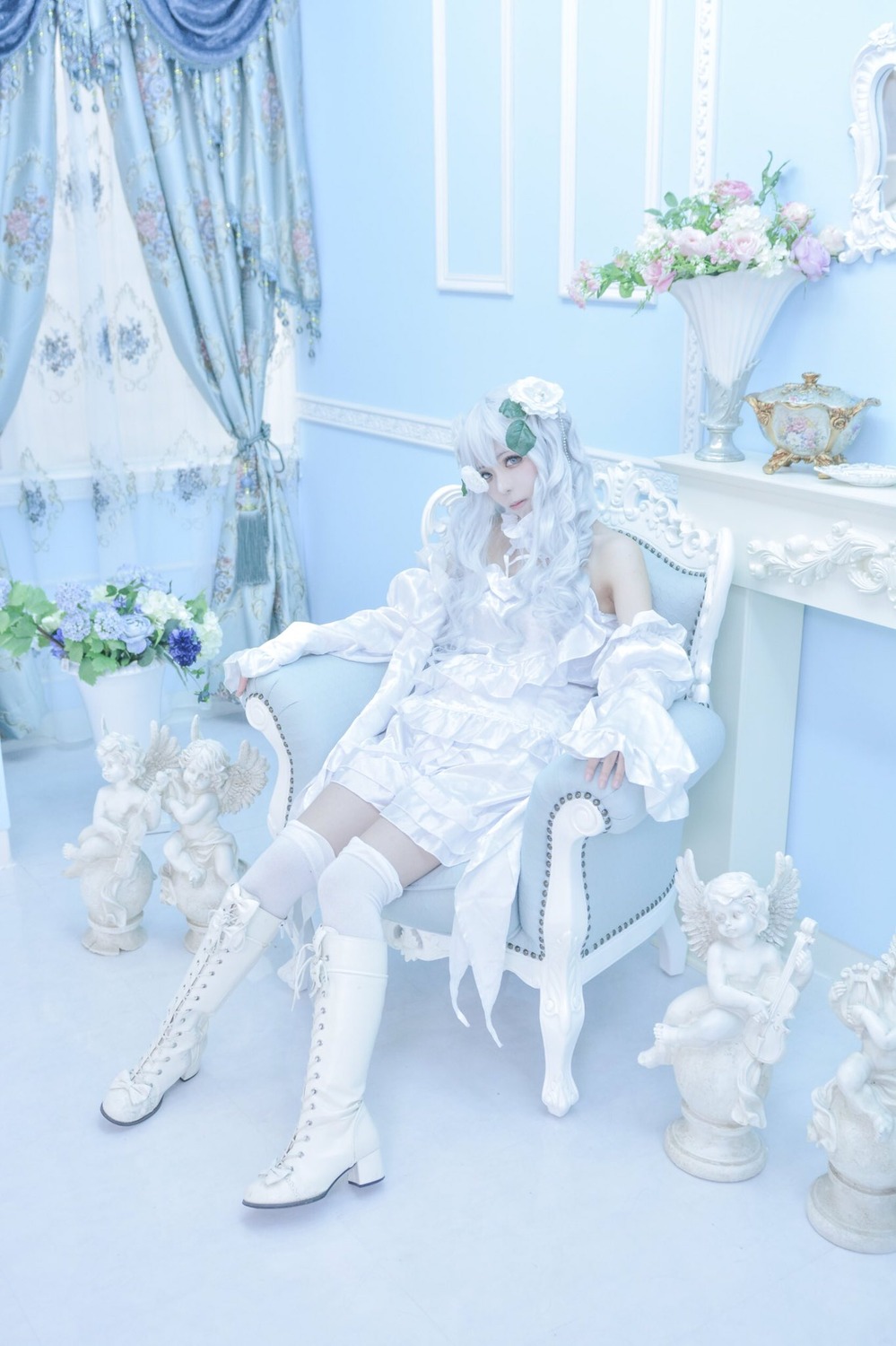 1girl boots curtains dress flower hair_ornament kirakishou knee_boots long_hair sitting solo thighhighs white_dress white_flower white_footwear white_hair white_rose white_theme